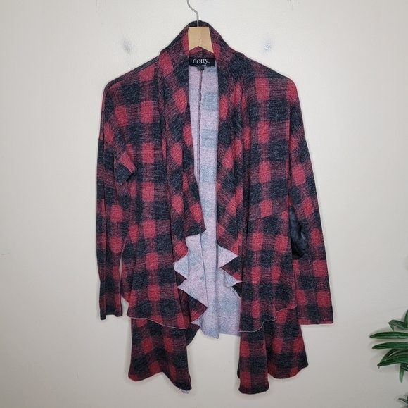 Dotty | Womens Red Black Plaid Cascade Tiered Open Front Cardigan Small - Picture 7 of 7
